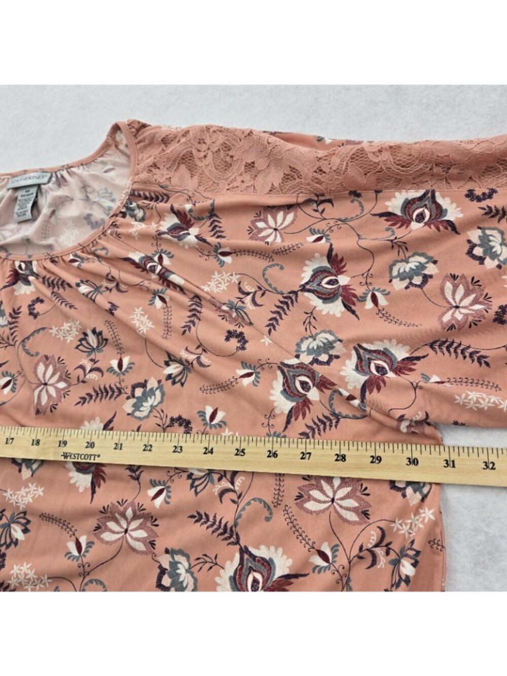 Catherines Floral Printed Blouse Top 4X Lace Trim Gathered Sleeve Tie Stretch - Picture 6 of 7
